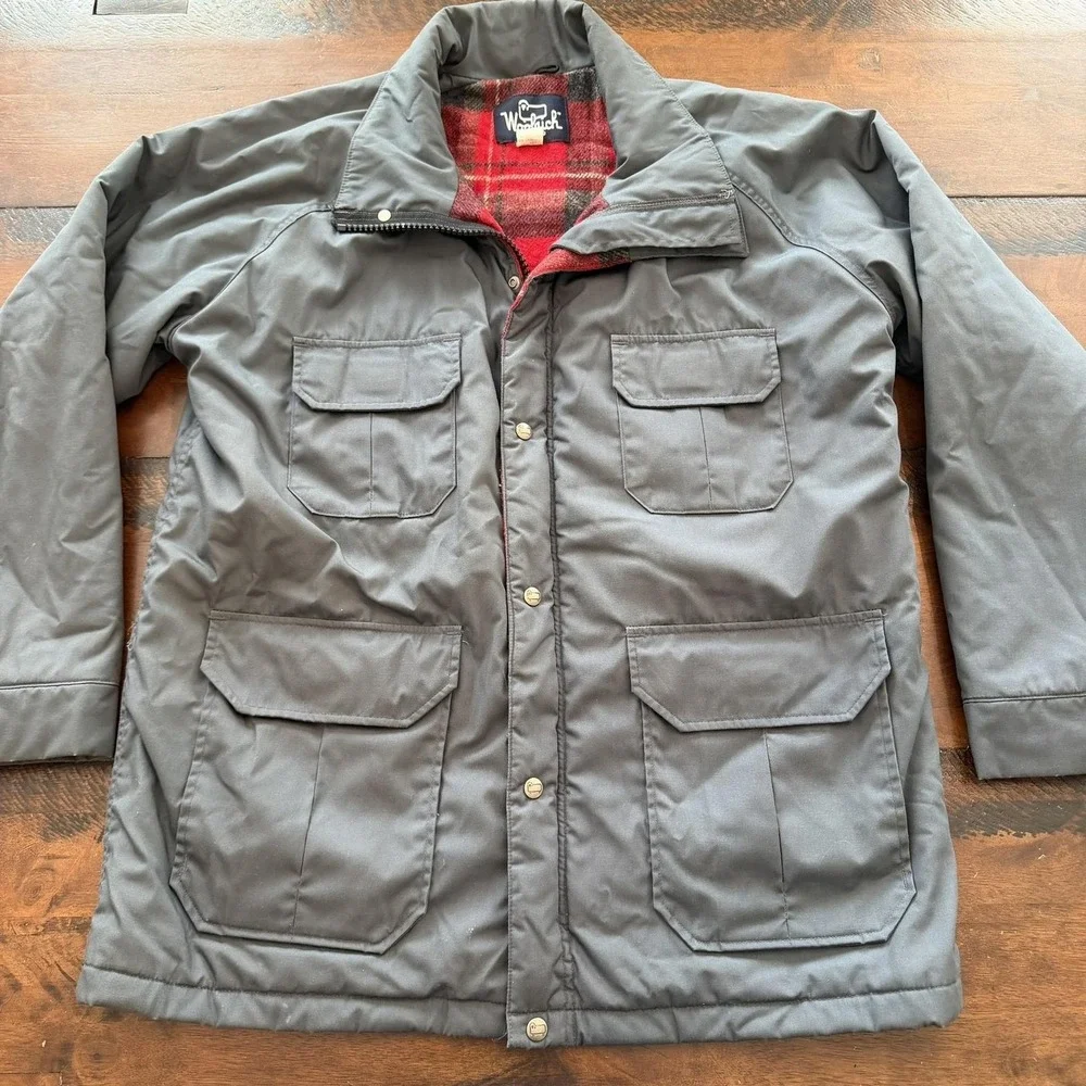 Vintage Woolrich Jacket Mens Large Gray‎ Insulated Parka Plaid Wool Lined USA
